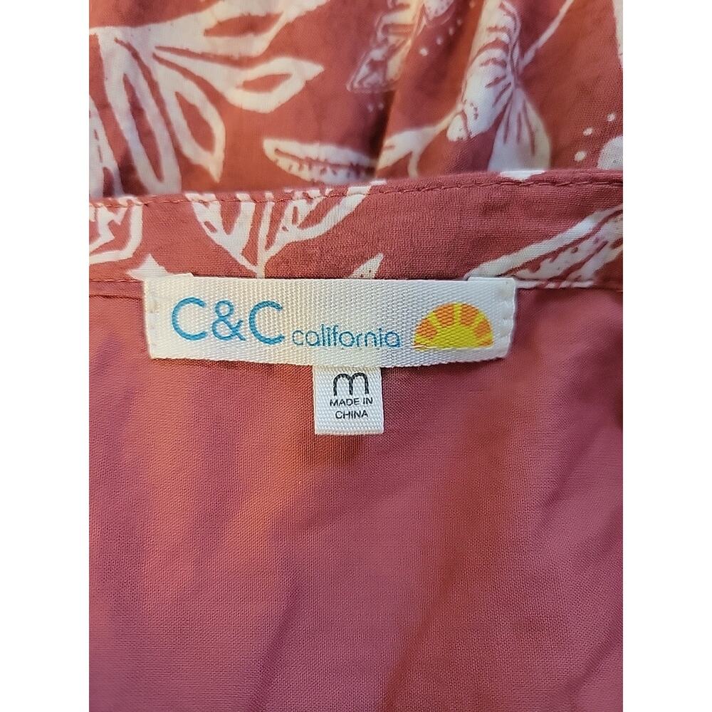 C&C California Cotton Coral Floral Gathered Waist Midi Dress Women's Med Pockets - Picture 12 of 13